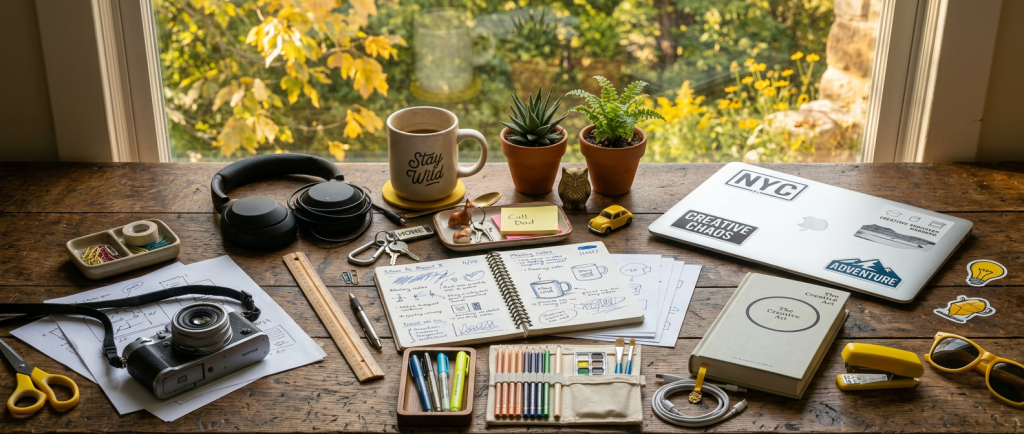 Desk with notebook, laptop, smartphone, camera, pens, headphones, coffee cup, and sticky notes